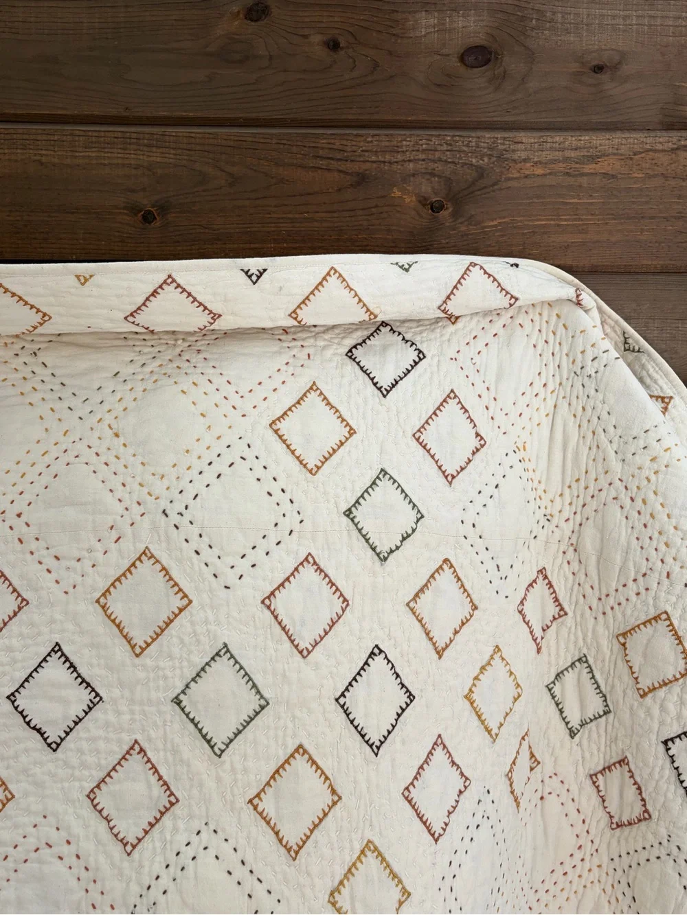 Vintage Full/Queen Hand-Stitched Cotton Quilt - Cream with Multicolor Accents